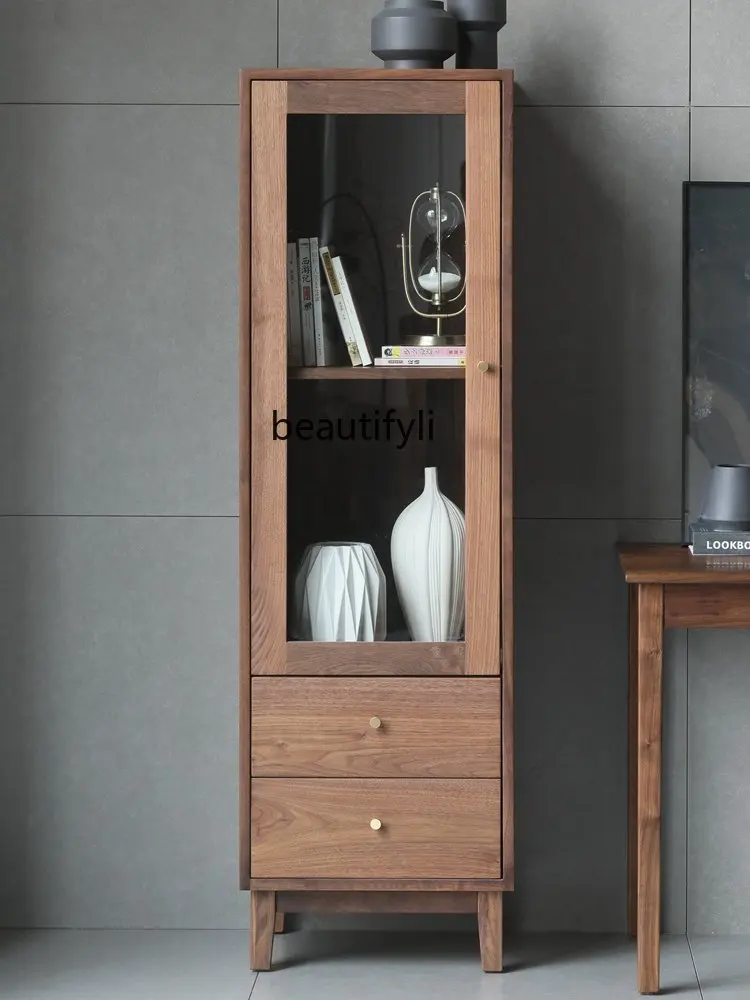 

TV Side Cabinet North America Black Walnut Wooden Liquor Cabinet Living Room Locker Bookcase Japanese Style Glass Cabinet