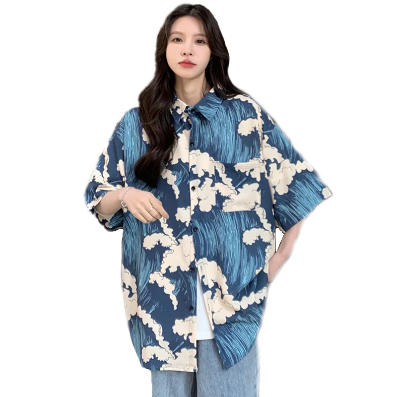 

Summer Vintage Print Womens Tops Sea Wave Short Sleeve Basics Shirts Chic Turn-down Collar Loose Casual Blue Blouse