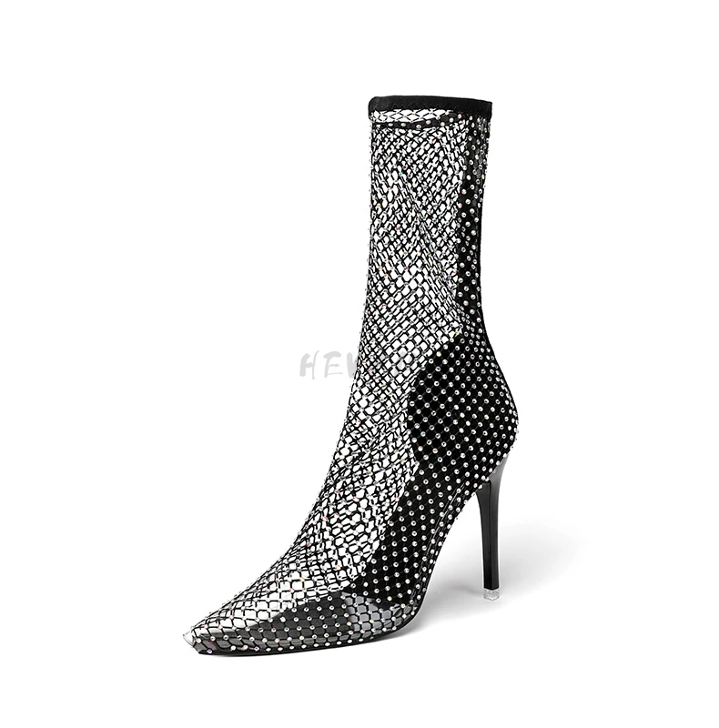 

2022 Summer Crystal Boots Sandals Black Mesh Sexy Peep Toe slip on Women Shoes High Heel Thin Heel Ladies Boots