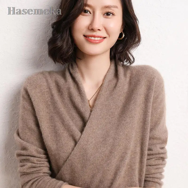 

2022 New 100% Pure Goat Cashmere Knitted Sweater Women High Quality V-Neck Pullover Female Winter Fashion Clothes Girls Tops