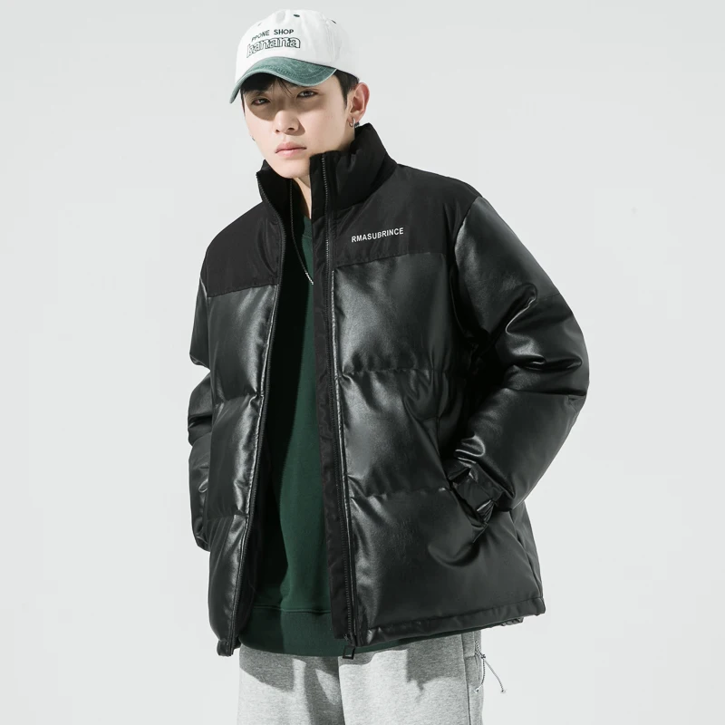 

New 2023 Winter Warm Thick PU Leather Patchwork Coats Men Short Parkas Fashion Black Cotton Padded Down Jacket Zipper Clothes