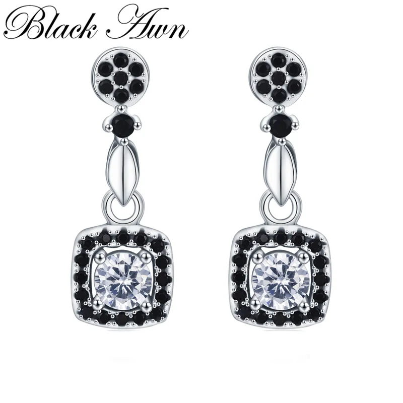 

[BLACK AWN] Vintage Silver Color Earrings Black Spinel Flower Engagement Drop Earrings for Women Fashion Jewelry T206