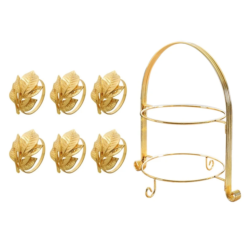 

6Pcs Table Decoration Golden Leaf Napkin Rings & 1 Pcs Fruit Plate European Two - Layer Snack Rack Cake Display Rack