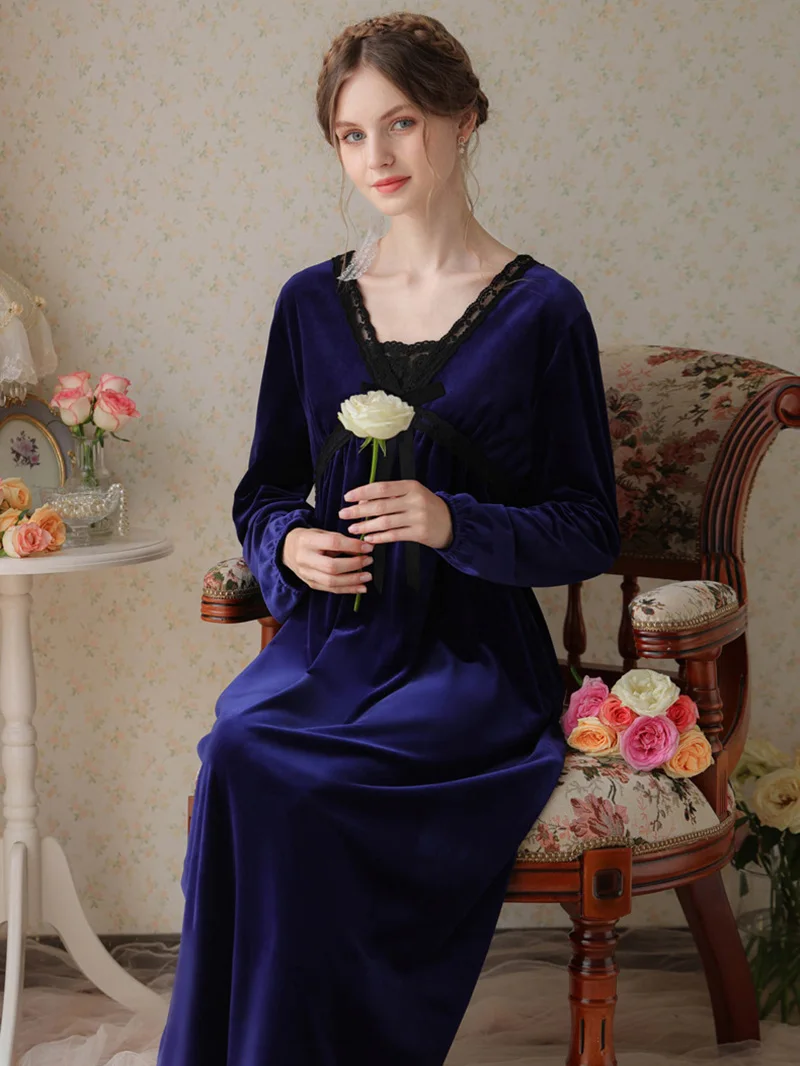 Women Spring Velour Robe V-Neck Backless Long Night Sleep Dress Pleuche Velvet Sleepwear Princess Nightwear Vintage Nightgowns