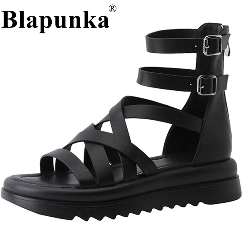 

Blapunka Roman Gladiator Sandals Women Punk Buckle Zipper Boots Summer Cross-strap Bandage Platform Flat Sandal Shoe Beige 34-41
