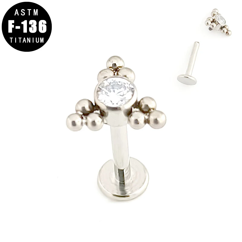 

ASTM F136 Titanium Labret Lip Rings Piercing Zircon Ball Clusters Internally Thread Ear Tragus Helix Cartilage Earring Jewelry