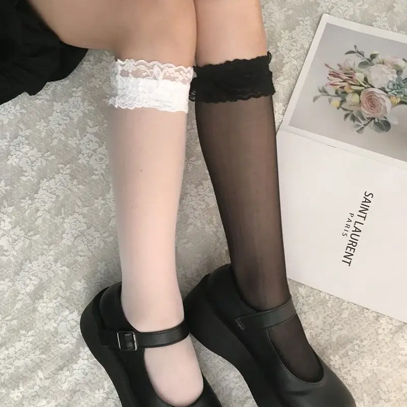 Mid Tube Socks Jk Lace Socks Female Japanese Lo Tide Bow Long Tube Stockings Thin Calf Socks Cute Soft Girl