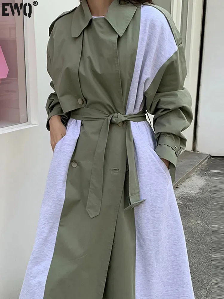 

[EWQ] vintage contrast color lapel double breasted trench coats with belt casual loose long sleeveless windbreaker autumn 2023