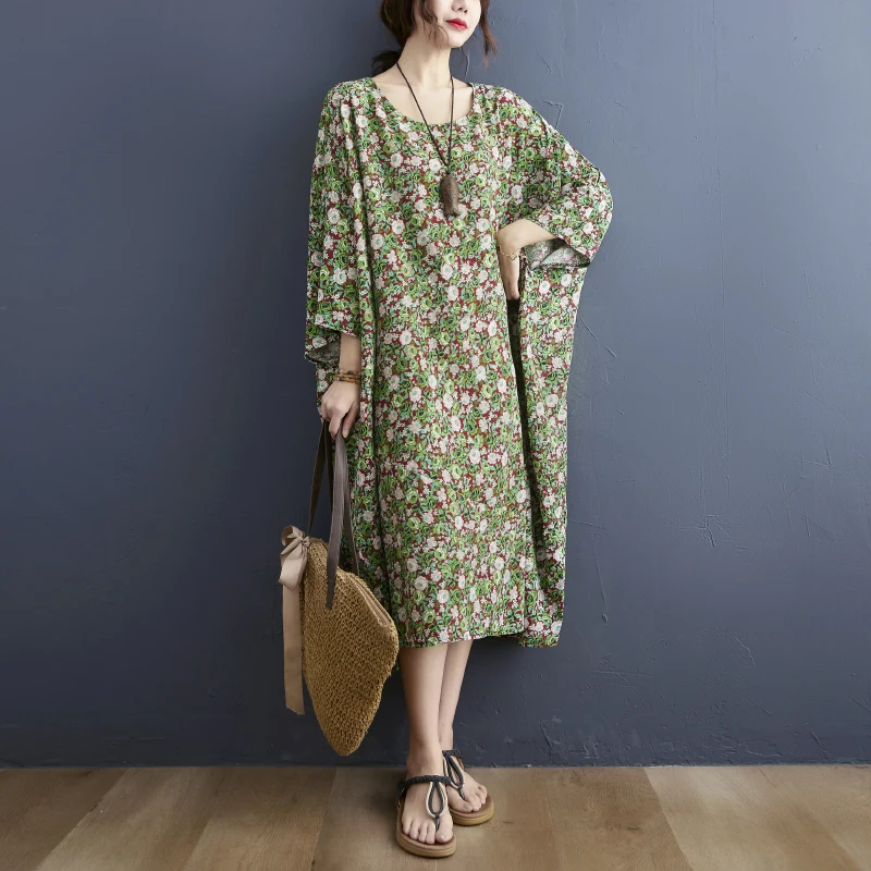 

SuperAen 2022 Summer New Women's Fashion O-Neck Batwing Sleeve Printing A-LINE Casual Dress