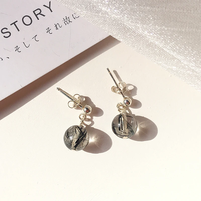 

Natural Black Rutiled Quartz Bead Ear Nail For Women Gemstone Pendant 925 Sterling Silver Fashion Healing Repair Crystal Earring