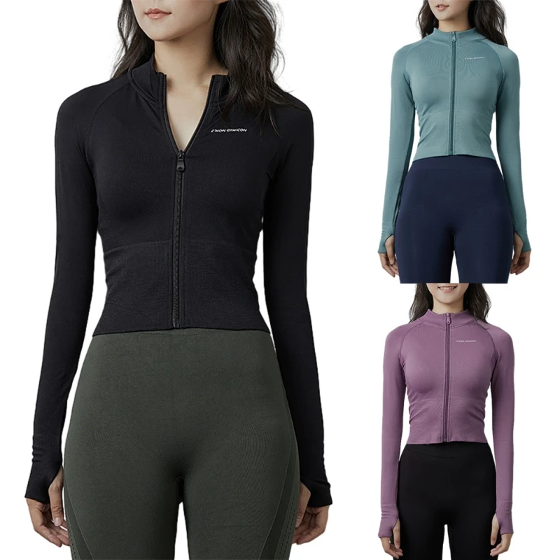 

Осенне-зимнее облегающее спортивное пальто для йоги с воротником-стойкой, эластичные дышащие футболки на молнии с длинным рукавом для бега