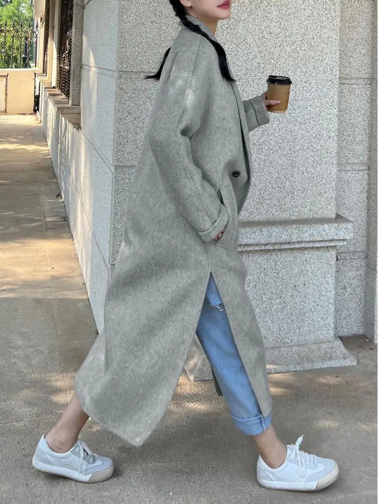 

2023 Autumn/Winter Office Lade Woolen Jacket Korean-Style Handmade Suit Collar Double Breasted Loose Long Women Wool Coats