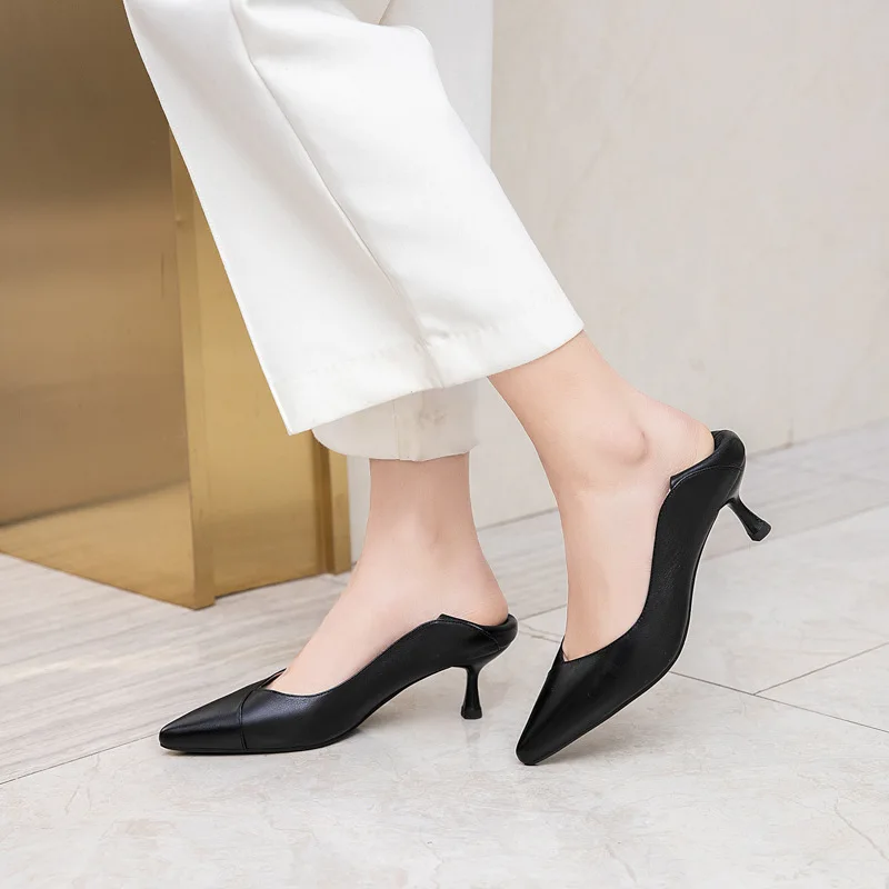 Cowhide black high-heeled professional stewardess work shoes, pointy pointed stiletto heels etiquette interview women's shoes