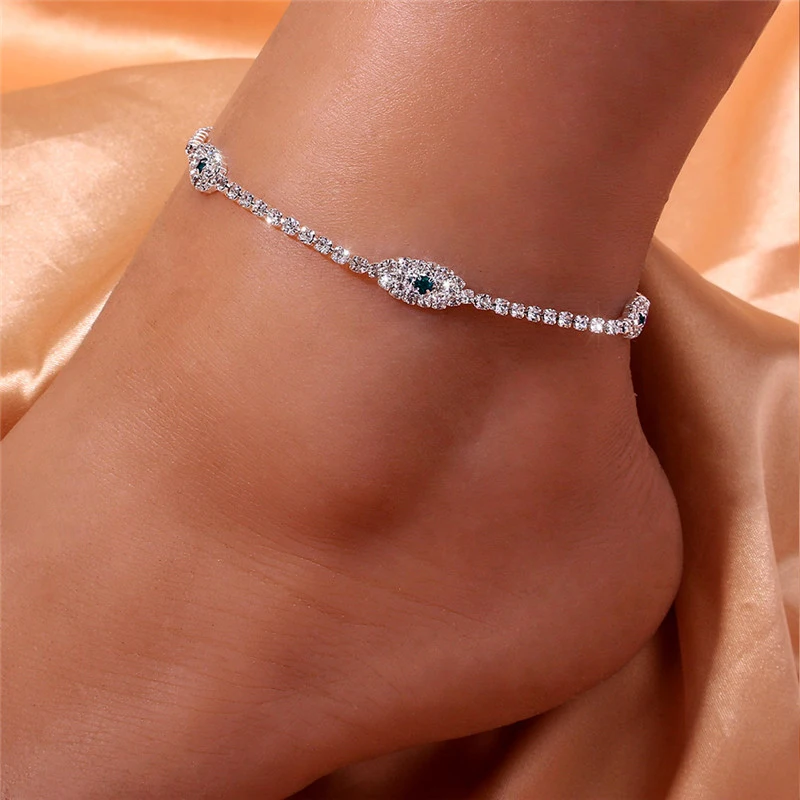 

Huitan Personality Eye Anklet Rhinestone Chain Bracelet Luxury Inlay Green/White CZ Fashion Summer Barefoot Sandals Foot Jewelry