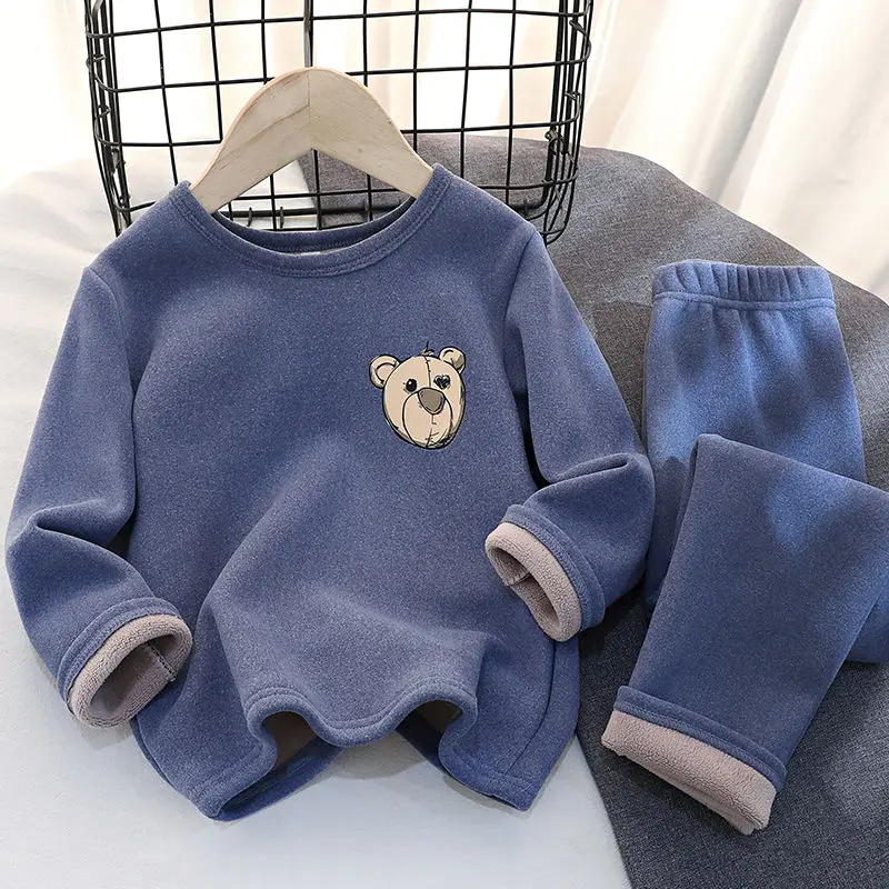 Children's Warm Pajamas Boys' Plus Velvet Padded Suit Girls' Winter Wear Bottoming Pants