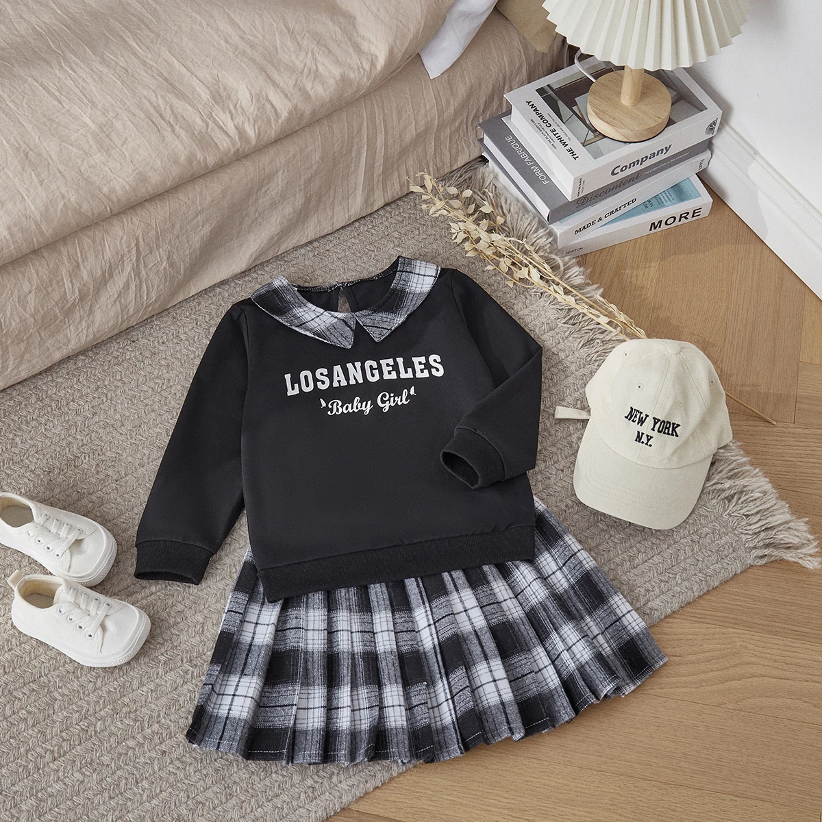 

3-6Y Toddler Girl 2 Piece Outfit Letter Print Long Sleeve Sweatshirt and Plaid Pleated A-Line Skirt for Toddler Fall Clothes