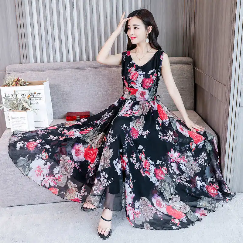 Платье женское пляжное шифоновое с V-образным вырезом длинный сарафан без