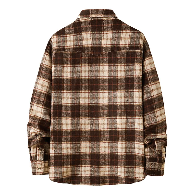 2022 New Men Casual Plaid Flannel Shirt Long-Sleeved Chest Two Pocket Design Fashion Printed-Turn-down Collar Button Shirt S-2XL