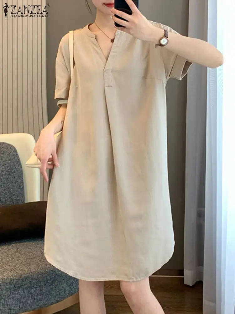 

Платье ZANZEA женское с V-образным вырезом, праздничный мини-сарафан с коротким рукавом, Повседневная модная однотонная свободная короткая одежда, на лето