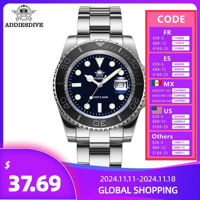 Мужские кварцевые часы ADDIESDIVE деловые из нержавеющей стали 316 BGW9 с