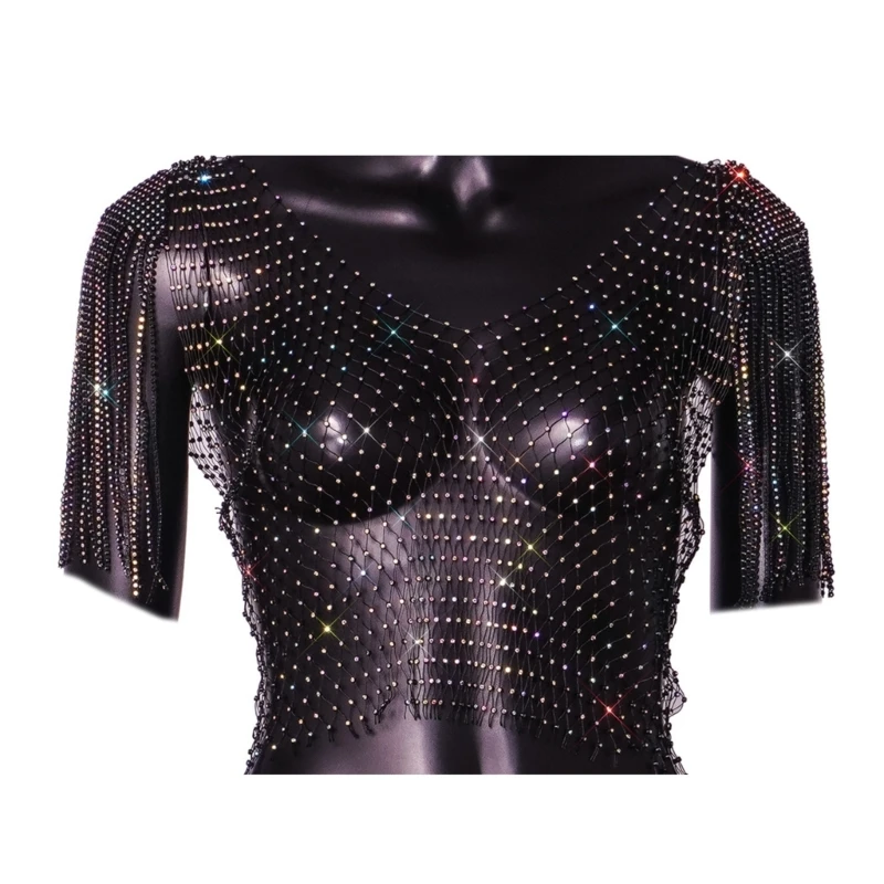 

Women See Through Mesh Diamond Tanks Tops Sexy Summer Hollow Out Beach Cover ups Crop Tops for Raves Festival Clubwear