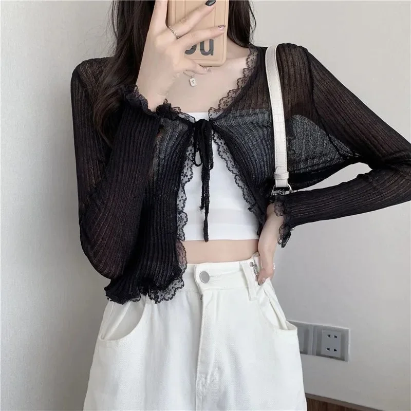 

Summer Cropped Cardigan Women New Basics Slim Lace Long Sleeve Thin See Through Sweater Jacket Cover Tops 4 Colors
