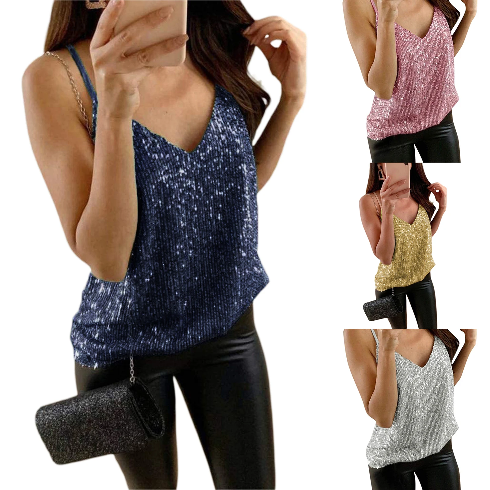 

Женские блестящие майки без рукавов с V-образным вырезом
