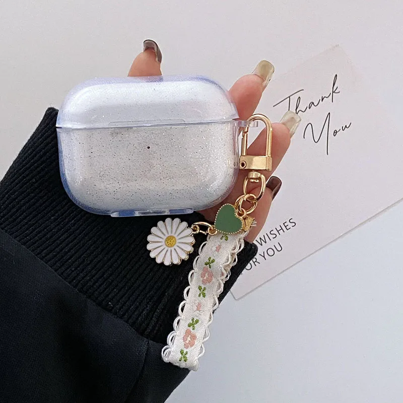 Фото Блестящий прозрачный чехол для наушников AirPods Pro 3, чехол для AirPods 4 Pro 2, мягкий TPU-чехол с подвеской в виде ромашки. №4