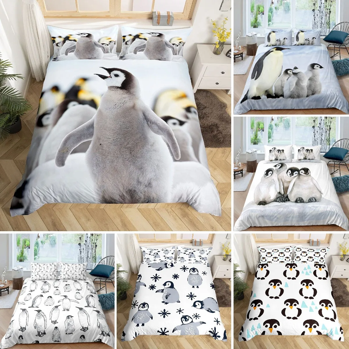 

Penguin Duvet Cover King/Queen Size,Cartoon Antarctic Animal Comforter Cover for Kids Boys Girls Teens,Soft White Quilt Cover