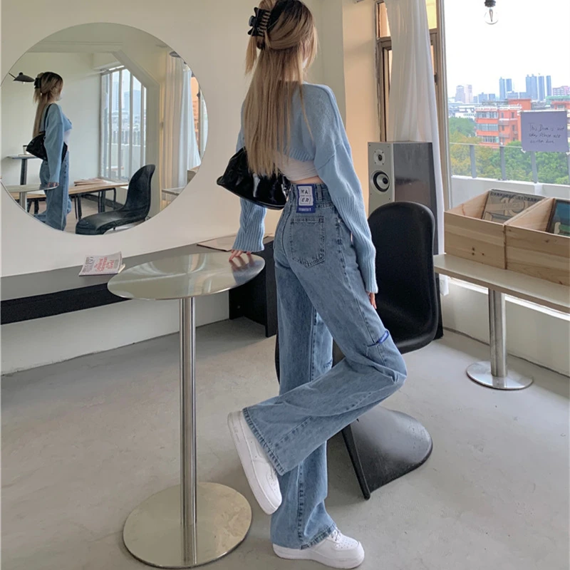 Women's Jeans High Waist Vintage Straight Baggy Denim Pants Streetwear American Style Fashion Blue Wide Leg Denim Trouser Su