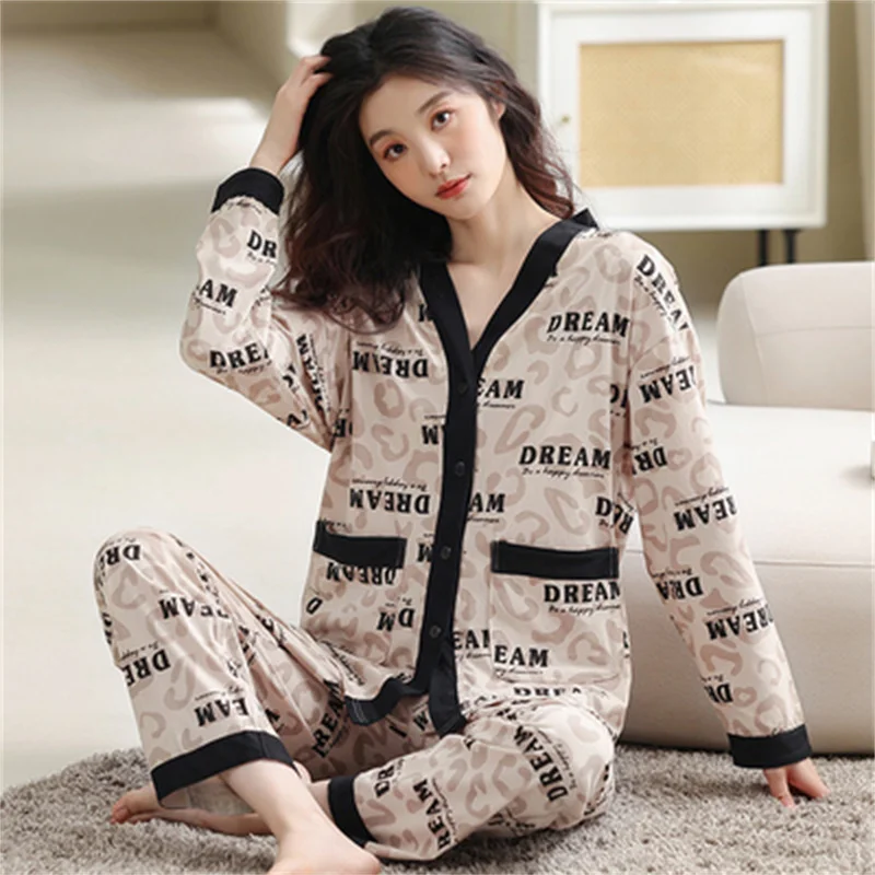 Pajamas Set Casual Sleepwear For Women Elastic Soft Cotton Pyjama Women's Sweet Cartoon V-Neck Homewear Clothes Big Size