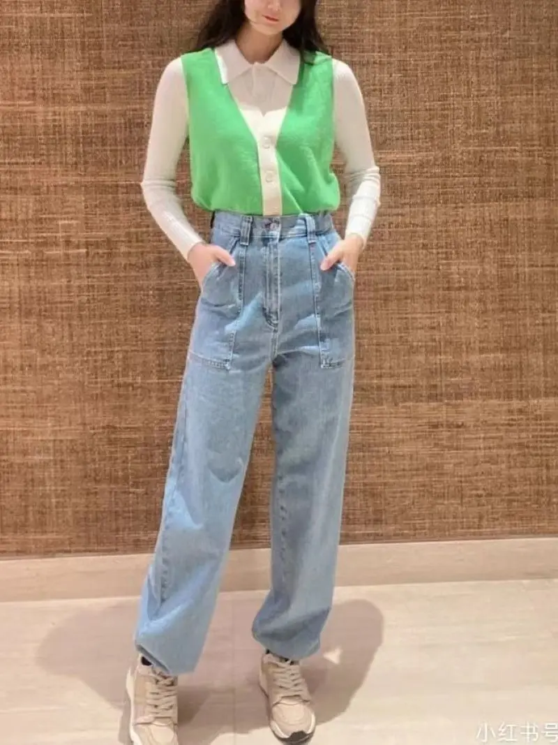 

Women Contrast Color Patchwork Single Breasted Sleeveless Knitted Vest Sweater