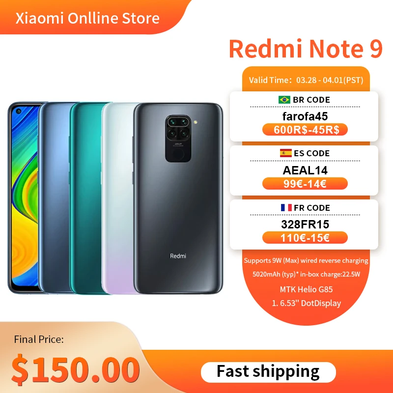 

Global Version Xiaomi Redmi Note 9 NFC 4GB RAM 128GB ROM Smartphone MTK Helio G85 Octa Core 48MP Quad Rear Camera 5020mAh