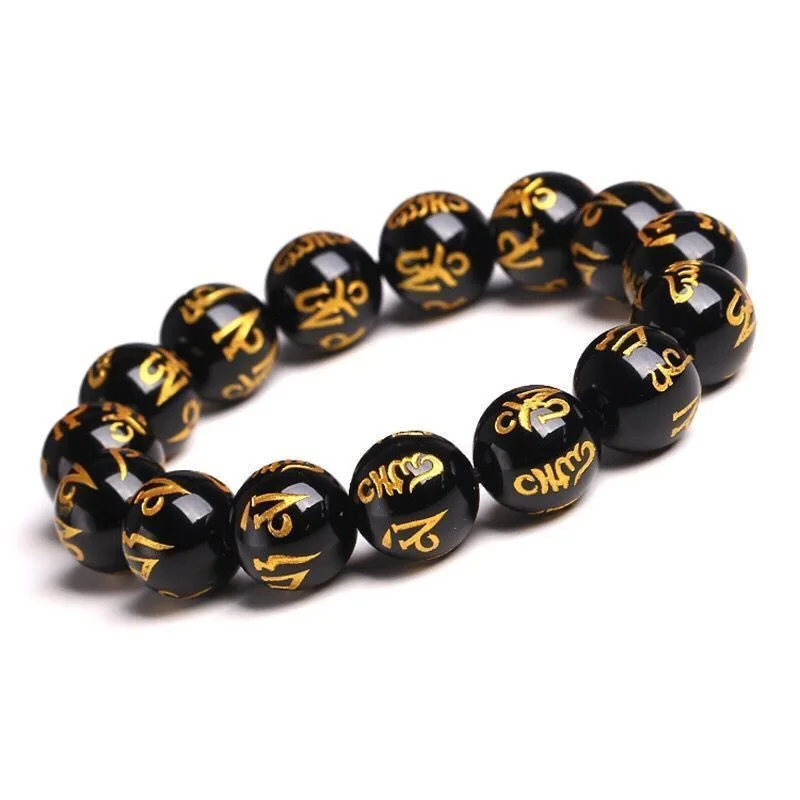 

Natural Obsidian Beads Six Character Mantra Bracelet Lucky Wealth Bangle Buddhist Accessories Meditation Blessing Amulet Jewelry