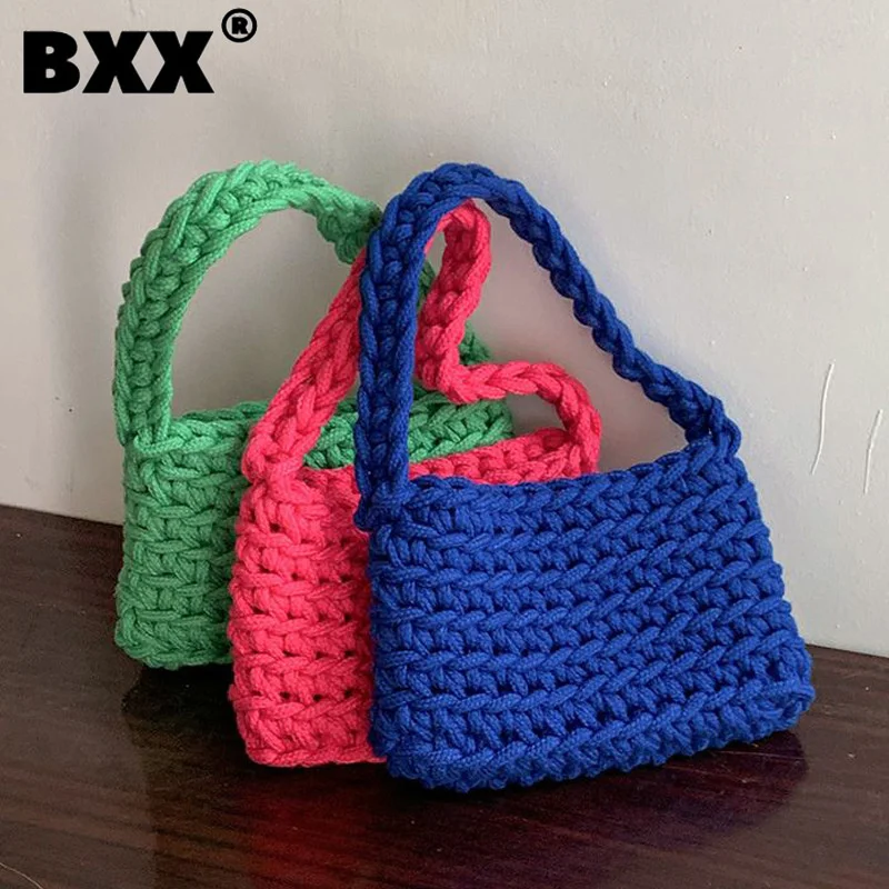 

[BXX] Vintage Green Knitted Woven Hollow Out Handbags Women's 2022 New Summer Fashion Protable Vacation Shoulder Bags GF3139