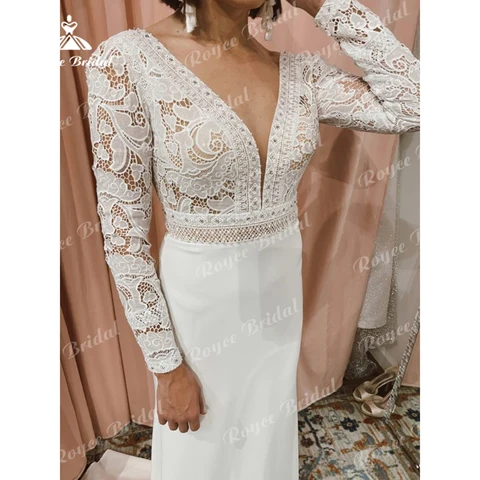 Boho Sexy V Neck Lace Long Cap Sleeve Open Back Satin Mermaid Wedding Dress Beach Bridal Gowns Sweep Robe De Mariée Vestidos De