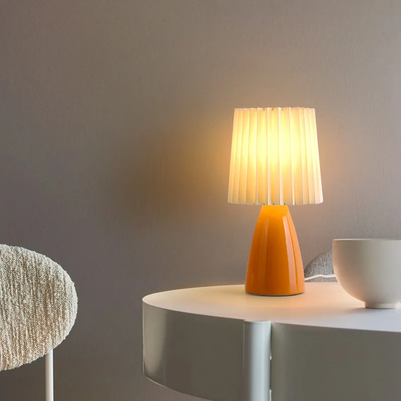 

Paper Ceramic LED Desk Lamp Bedside Orange Base Home Decor for Bedroom Living Room Pleated Fabric Lampshade Reading