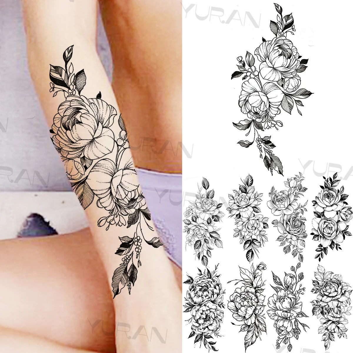 

Временные татуировки для женщин и девушек, черная роза, цветок, Реалистичная Флора, Далия, искусственная татуировка, наклейка на предплечье,...