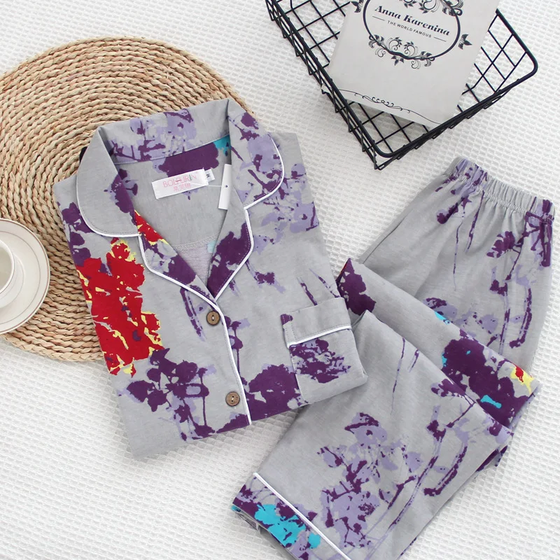 New Women Knitted Cotton Turn-Down Collar Pajama Set Comfort Loose Household Ladies 2Pcs Sleepwear Cardigan Pants