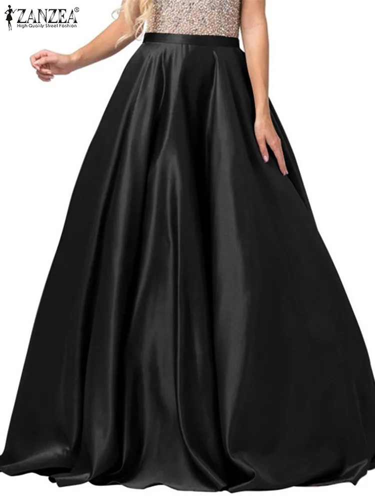 

ZANZEA Fashion Maxi Long Skirt Summer Satin Skirts Women High Waist A-line Party Elegant Solid Holiday Faldas Saia Loose Jupe