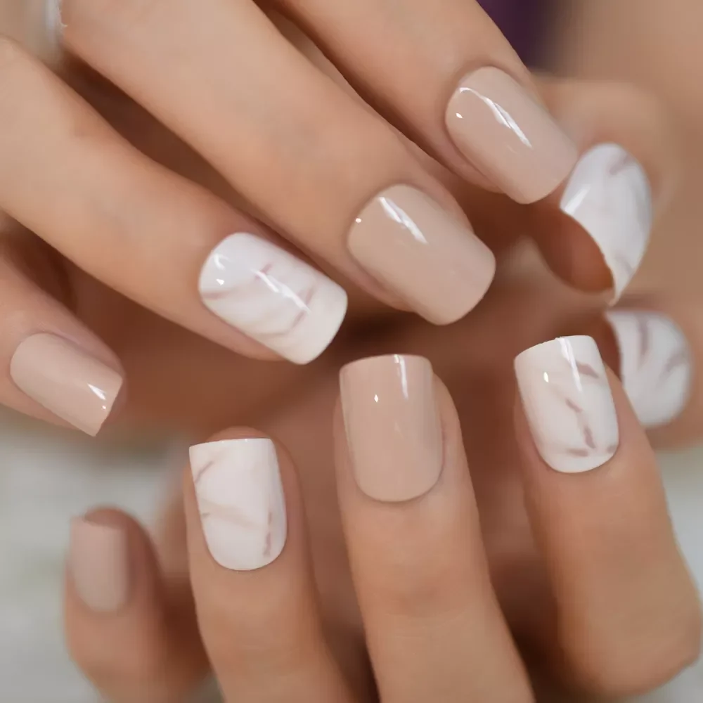 

Fake Nails Khaki Nude Marble Pattern Artificial False Nail Tips for Office Home Square Short Faux Ongle Free Glue Sticker