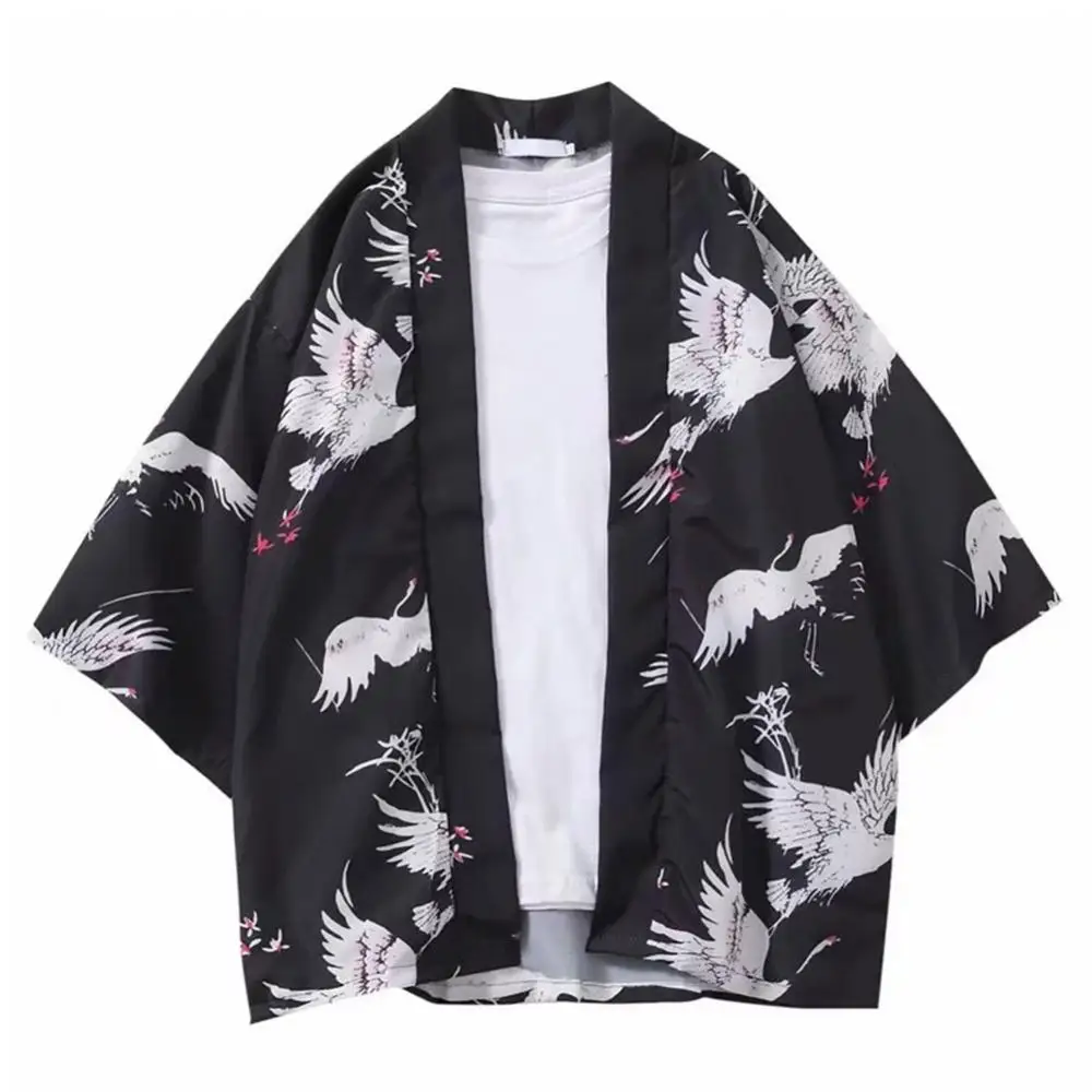 

Men Casual Coat Shirt Japanese Style Flying Crane Front Open 3/4 Sleeve Kimono Cardigan Yukata Men's Clothing Male Streetwear