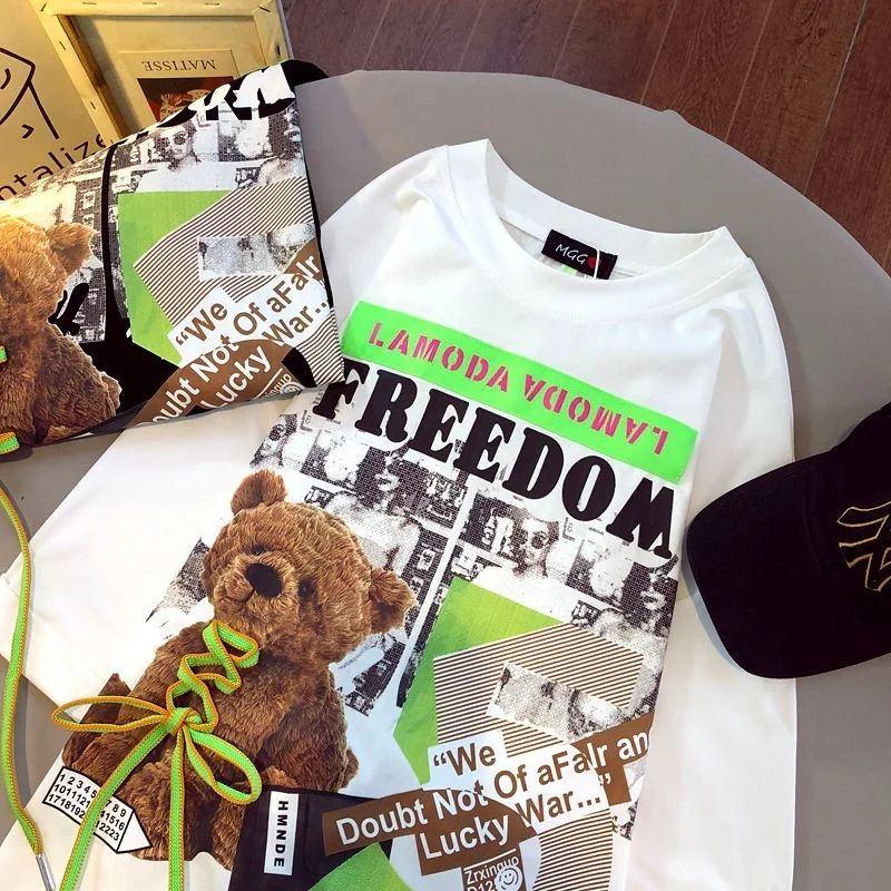 

Лето 2022, ретро постер, бандажные футболки с рисунком медведя, топы с коротким рукавом размера d, Корейская и японская Милая одежда, повседнев...