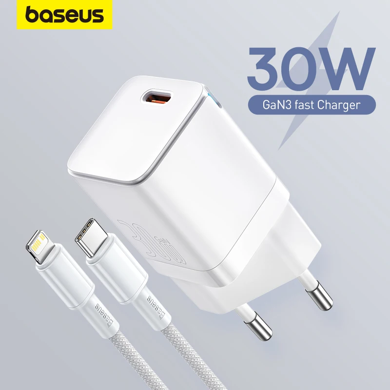 

Baseus GaN3 зарядное устройство для телефона PD 30 Вт Быстрая зарядка USB C зарядное устройство Поддержка PD3.0 QC3.0 Быстрая зарядка для iPhone 13 12 X Pro Max планшеты