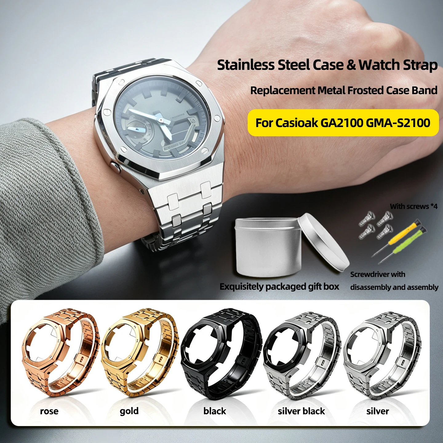 Фото Матовый мод-кит из нержавеющей стали для Casio G-SHOCK GA-2100 GM2100 GMA-S2100 Casioak, металлический корпус и ремешок для часов, запасные части. №1