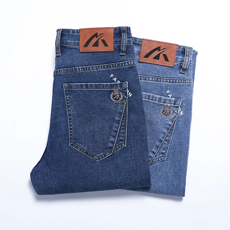 

Spring Autumn Men Straight Jeans Cotton Classic Business Slim Stretch Casual Office Male Middle Waist Denim Trousers