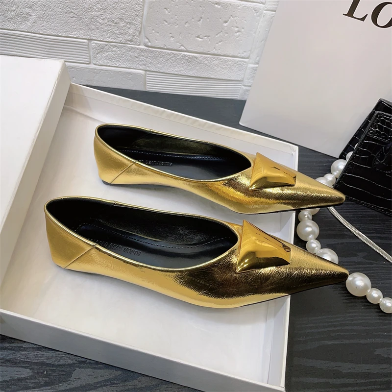 

Pointed Toe 2023 Spring Summer Mary Jane French Retro Flat Shoes Pumps Women Ballet Gold Wedding Shoes Ballerina Casual Loafers