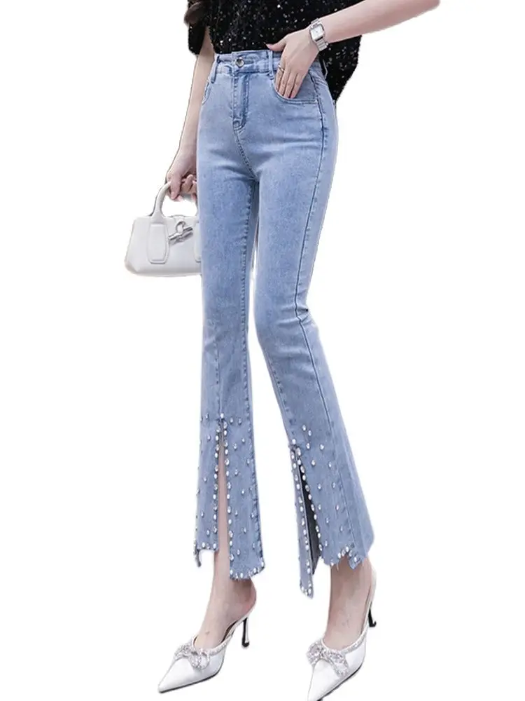 

Casual Versatile Jeans 2022 Summer Split Beads High Waist Thin Micro-Flare Ninth Pants Fashion Women's Clothing