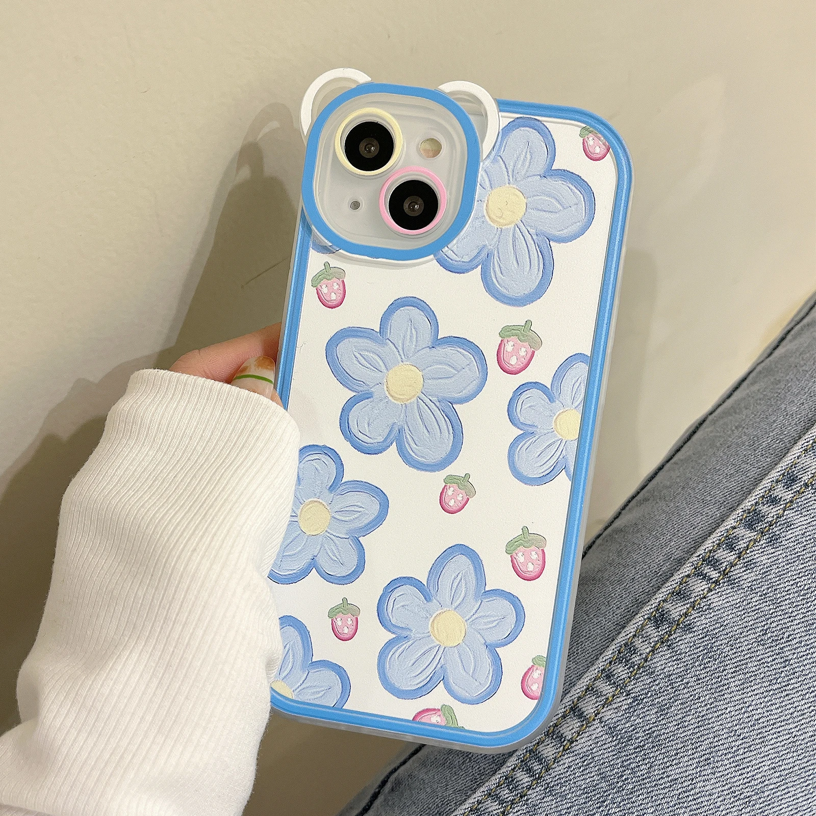 Милый корейский чехол для телефона с голубыми цветами и клубникой iPhone 13 11 12 Pro Max X