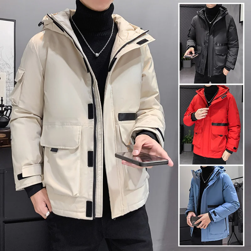 

Hooded Winter 90% White Duck Down Jacket Men Quilted Thick Parkas Cargo Coat Puffer Male Waistcoat Pocket Parka